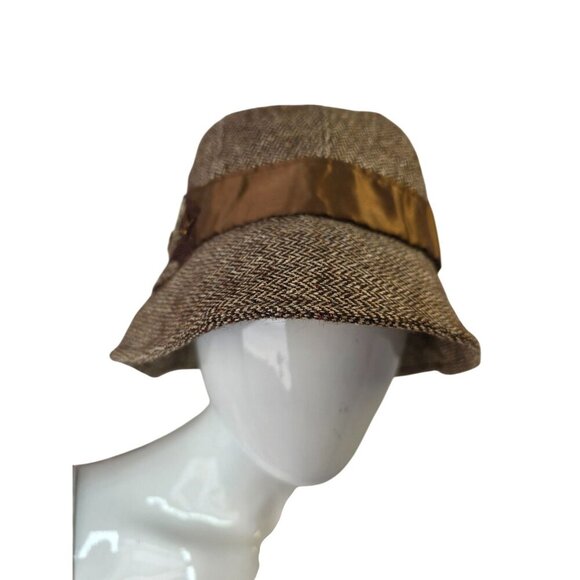Nest Y2K Brown Wool Herringbone Cloche Bucket Hat Hand Embellished Silk Band - Picture 3 of 9